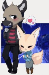 Rule 34 | 1boy, 1girl, aggressive retsuko, bass guitar, blush, boots, casual, cellphone, couple, fennec fox, fenneko, furry, furry female, furry male, furry with furry, green eyes, haida (aggretsuko), heart, highres, hyena, instrument, komugiko (bitte komu), looking at another, night, phone, pointy ears, shared thought bubble, shirt, skirt, smartphone, smile, striped clothes, striped shirt, tail, thought bubble, walking
