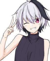 Rule 34 | 1girl, ahoge, androgynous, arm at side, bare arms, bare shoulders, black hair, black sweater, breasts, bright pupils, commentary, flower (vocaloid), flower (vocaloid4), grin, hair between eyes, multicolored hair, one eye closed, pink eyes, sena kizahashi, short hair, sleeveless, sleeveless sweater, small breasts, smile, solo, streaked hair, sweater, turtleneck, turtleneck sweater, two-tone hair, upper body, v, v-shaped eyebrows, vocaloid, white background, white hair