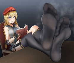 Rule 34 | 1girl, absurdres, armchair, asymmetrical legwear, beret, black gloves, black thighhighs, blonde hair, blue eyes, blue skirt, blush, book, braid, braided ponytail, breasts, chair, collarbone, crossed legs, feet, fingerless gloves, foot focus, full body, girls&#039; frontline, gloves, grey shirt, hair ornament, hairclip, hat, highres, holding, holding book, hooded shirt, knife sheath, knife sheath, legs, lips, long hair, looking at viewer, medium breasts, mg3 (girls&#039; frontline), no shoes, open mouth, sheath, shirt, simple background, sitting, skirt, smile, soles, solo, steam, steaming body, table, teeth, thighhighs, toes, tsa