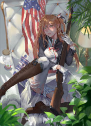Rule 34 | 1girl, american flag, blush, bolt action, boots, brown footwear, brown hair, cross-laced footwear, fany, girls&#039; frontline, gloves, green eyes, gun, hair ribbon, highres, knee boots, lace-up boots, long hair, looking at viewer, m1903 springfield, springfield (girls&#039; frontline), parted lips, personification, ribbon, rifle, solo, torn clothes, weapon, white legwear