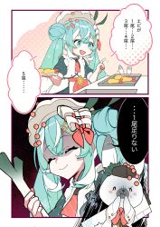 Rule 34 | 1girl, 2koma, :d, absurdres, aburi iwashi, animal, aqua eyes, aqua hair, aqua sleeves, blush stickers, bow, bowtie, closed eyes, comic, commentary, counting, crab hair ornament, double bun, eating, false smile, fish (food), food, food-themed hair ornament, food on face, food theft, frilled shirt, frills, green ribbon, hair bun, hair ornament, hair ribbon, hairclip, hatsune miku, highres, holding, holding food, holding plate, holding spring onion, holding vegetable, ikura (food), index finger raised, long hair, necktie, nervous, nori (seaweed), open mouth, pink bow, pink bowtie, pink necktie, pink ribbon, plate, polka dot sleeves, rabbit, rabbit yukine, ribbon, rice, rice on face, scallop, scared, seigaiha, shaded face, shirt, short necktie, short sleeves, shrimp, shrimp tempura, smile, snowflake print, speech bubble, spring onion, tempura, translated, tray, vegetable, very long hair, vocaloid, wavy hair, white hair, white headwear, white ribbon, yuki miku, yuki miku (2024) (candidate no.6)