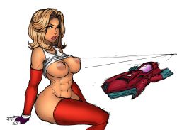 Rule 34 | 1girl, 1kmspaint, abs, blonde hair, breasts, clothes lift, colorized, dark nipples, detached sleeves, f-zero, fingerless gloves, gloves, large breasts, lineart, lips, lipstick, lm (legoman), makeup, monique l&#039;amoreaux, nintendo, nipples, no panties, puffy nipples, queen meteor, red gloves, red thighhighs, shirt lift, short hair, sitting, solo, spacecraft, tank top, thighhighs, thighs, wavy hair, wide hips