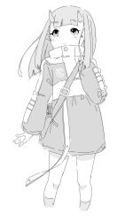 Rule 34 | 1girl, cropped legs, greyscale, hand up, highres, horns, jacket, kuro kosyou, long hair, long sleeves, monochrome, original, puffy long sleeves, puffy sleeves, short eyebrows, simple background, socks, solo, standing, thick eyebrows, white background