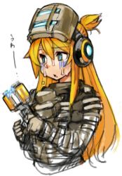 Rule 34 | 1girl, armor, bad id, bad twitter id, blonde hair, blue eyes, character request, copyright request, cosplay, dead space, headphones, helmet, isaac clarke, isaac clarke (cosplay), long hair, power armor, sachito, simple background, solo, turn pale, upper body, white background