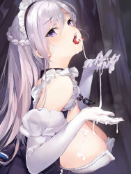 Rule 34 | 1girl, aimee (emi), apron, azur lane, belfast (azur lane), blush, braid, breasts, chain, cleavage, collar, collarbone, commentary, commentary request, corset, covered erect nipples, dark, french braid, frilled apron, frilled gloves, frills, from side, furrowed brow, gloves, hands up, head tilt, large breasts, long hair, maid, maid apron, maid headdress, open mouth, perky breasts, revision, solo, steam, suggestive fluid, symbol-only commentary, tongue, tongue out, upper body, waist apron, white apron, white gloves, white hair
