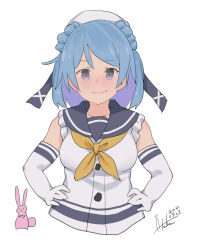 Rule 34 | 1girl, absurdres, blouse, blue eyes, blue hair, breasts, dated, double bun, elbow gloves, gloves, hair bun, hands on own hips, hat, highres, inica, kantai collection, looking at viewer, medium breasts, neckerchief, rabbit, sailor hat, school uniform, serafuku, shirt, signature, sleeves rolled up, upper body, urakaze (kancolle), white background, white gloves, white headwear, white shirt, yellow neckerchief