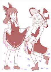 Rule 34 | 2girls, apron, ascot, boots, bow, cherry blossoms, closed eyes, commentary request, detached sleeves, frilled bow, frilled hair tubes, frills, gloves, hair bow, hair tubes, hakurei reimu, hat, hat bow, kirisame marisa, long hair, looking at another, monochrome, multiple girls, open mouth, puuakachan, ribbon-trimmed sleeves, ribbon trim, scarf, simple background, skirt, smile, snowflakes, socks, spot color, touhou, waist apron, white background, witch hat