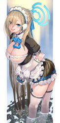 Rule 34 | 1girl, apron, asuna (blue archive), black dress, blue archive, blue ribbon, blush, bow, bowtie, breasts, choker, cleavage, dress, elbow gloves, full body, garter straps, gloves, halo, headphones, large breasts, light brown hair, long hair, long sleeves, maid headdress, mole, mole on breast, neck ribbon, open mouth, ribbon, shinozuka atsuto, short sleeves, smile, solo, thighhighs, thighs, very long hair, wading, water, wet, wet clothes, white apron, white gloves, white thighhighs