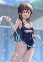 Rule 34 | 1girl, ;d, absurdres, bare arms, bare shoulders, black one-piece swimsuit, blurry, blurry background, breasts, brown hair, collarbone, commentary, competition school swimsuit, covered navel, cowboy shot, depth of field, empty pool, highres, holding, holding hose, hose, isshokuitaru, lens flare, long hair, looking at viewer, one-piece swimsuit, one eye closed, open mouth, orange eyes, original, pool, school swimsuit, signature, small breasts, smile, sparkle, swimsuit, very long hair, water