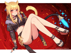 Rule 34 | 1girl, ankle strap, black jacket, black tank top, blonde hair, blue ribbon, cat tail, choker, commission, crossed legs, curly hair, drill hair, final fantasy, final fantasy xiv, full body, gloves, hair ribbon, hand on floor, hand on own face, jacket, jewelry, juliet sleeves, knees up, kouzuki tsubasa (musou kaidou), light blush, lipstick, long hair, long sleeves, looking at viewer, makeup, miqo&#039;te, nail polish, necklace, open mouth, orange eyes, partially fingerless gloves, puffy sleeves, ribbon, short shorts, shorts, sitting, skeb commission, slit pupils, solo, sparkle, tail, tank top, thighs, toenail polish, toenails, toes, twin drills, warrior of light (ff14)