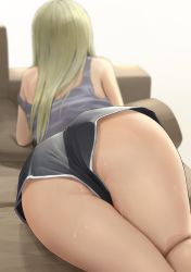 Rule 34 | 1girl, absurdres, ano (gccx8784), ass, ass focus, bad id, bad pixiv id, blonde hair, blurry, blurry background, commentary request, couch, depth of field, facing away, from behind, grey shirt, gyaru, highres, long hair, lying, on couch, on stomach, original, paid reward available, partially visible vulva, shirt, short shorts, shorts, simple background, solo, strap slip, sweat, tank top, thighs