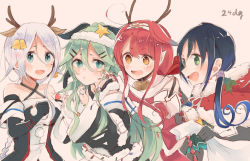 Rule 34 | 10s, 4girls, adapted costume, animal ears, antlers, aqua eyes, bell, blue hair, blush, capelet, christmas, fur trim, green eyes, green hair, hair flaps, hair ornament, hairband, hairpin, horns, itomugi-kun, kantai collection, kawakaze (kancolle), looking at another, mole, mole under eye, multiple girls, open mouth, red hair, remodel (kantai collection), scarf, silver hair, simple background, smile, suzukaze (kancolle), umikaze (kancolle), yamakaze (kancolle), yellow eyes