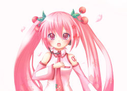 Rule 34 | 1girl, alternate hair color, cherry, cherry blossoms, detached sleeves, food, fruit, hatsune miku, highres, kuena, long hair, name connection, object namesake, petals, pink eyes, pink hair, sakura miku, solo, twintails, very long hair, vocaloid
