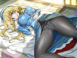 Rule 34 | 10s, 1girl, :d, atago (kancolle), black pantyhose, blonde hair, blue eyes, blue hat, blush, breasts, futon, hat, kantai collection, large breasts, long hair, looking at viewer, lying, military, military uniform, open mouth, panties, panties under pantyhose, pantyhose, personification, shiina excel, smile, solo, tissue, tissue box, underwear, uniform