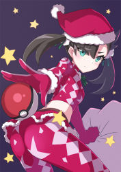 Rule 34 | 1girl, ass, asymmetrical bangs, blush, breasts, christmas, closed mouth, creatures (company), cropped shirt, eyelashes, game freak, gloves, green eyes, green ribbon, hair ribbon, hat, holding, holding sack, ka-9, leaning forward, leggings, looking back, marnie (pokemon), neck ribbon, nintendo, outstretched arm, poke ball, poke ball (basic), pokemon, pokemon swsh, purple background, reaching, reaching towards viewer, red hat, ribbon, sack, shirt, small breasts, solo, split mouth, star (symbol), twintails