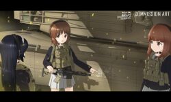 Rule 34 | 3girls, absurdres, anglerfish, ar-15, artist logo, black hair, blue jacket, body armor, brown eyes, brown hair, chinese commentary, closed mouth, commentary request, commission, dated, emblem, english text, fish, girls und panzer, gun, hairband, headphones, highres, holding, holding gun, holding weapon, jacket, kochiya tenko, letterboxed, light frown, long hair, long sleeves, looking at another, military uniform, military vehicle, miniskirt, mixed-language commentary, motor vehicle, multiple girls, nishizumi miho, ooarai military uniform, open mouth, orange eyes, orange hair, partial commentary, pointing, reizei mako, rifle, short hair, signature, skirt, smile, standing, tactical clothes, takebe saori, tank, throat microphone, uniform, weapon, white hairband, white skirt