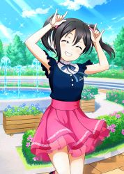 Rule 34 | 1girl, artist name, artist request, bare legs, black hair, blue ribbon, blue shirt, blue sky, blush, bow, breasts, cloud, collared shirt, closed eyes, female focus, hair bow, looking at viewer, love live!, love live! school idol festival, love live! school idol project, neck ribbon, nico nico nii, outdoors, parted lips, pink skirt, ribbon, shirt, short hair, sia (bunnlzuku), skirt, sky, small breasts, smile, socks, solo, twintails, yazawa nico