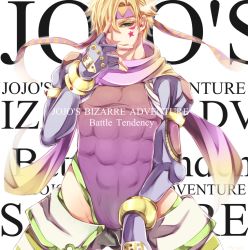 Rule 34 | 1boy, abs, bad id, bad pixiv id, battle tendency, blonde hair, blue jacket, caesar anthonio zeppeli, copyright name, cropped jacket, elbow gloves, facial mark, feathers, fingerless gloves, gloves, green eyes, hair over one eye, hand over face, headband, jacket, jewelry, jojo no kimyou na bouken, leotard, male focus, official alternate costume, pants, pecotank, scarf, solo, star (symbol), striped clothes, striped legwear, striped pants