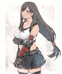 Rule 34 | 1girl, bare shoulders, black skirt, blush, breasts, brown eyes, cleavage, commentary request, earrings, elbow gloves, elbow pads, final fantasy, final fantasy vii, fingerless gloves, gloves, iwauchi tomoki, jewelry, large breasts, long hair, looking at viewer, low-tied long hair, midriff, miniskirt, pencil skirt, shirt, sketch, skirt, suspender skirt, suspenders, tank top, taut clothes, taut shirt, thighhighs, thighs, tifa lockhart