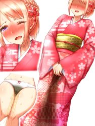 Rule 34 | 1girl, apotea, blonde hair, blush, bow, bow panties, braid, cameltoe, dutch angle, embarrassed, female focus, flat chest, floral print, flower, hair flower, hair ornament, half-closed eye, hands together, have to pee, japanese clothes, kimono, long sleeves, multiple views, navel, nose blush, obi, one eye closed, open mouth, original, panties, peeing, peeing self, pink kimono, purple eyes, red flower, sash, short hair, simple background, skindentation, standing, sweat, tears, textless version, underwear, wet, wet clothes, wet panties, white background, white panties, wide sleeves