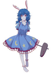 Rule 34 | 1girl, ambiguous red liquid, animal ears, arms behind back, bloomers, blue dress, blue hair, closed mouth, collarbone, crescent, dress, earclip, frilled dress, frills, full body, highres, kine, long hair, looking at viewer, low twintails, mallet, puffy short sleeves, puffy sleeves, rabbit ears, red eyes, seiran (touhou), short sleeves, simple background, socks, solo, star (symbol), touhou, twintails, underwear, uranaishi (miraura), white background, white socks