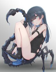 Rule 34 | absurdres, arthropod girl, black dress, blue hair, blush, boots, choker, cyborg, dress, earrings, exoskeleton, extra legs, green hair, grey eyes, highres, jewelry, long hair, looking at viewer, mechanical legs, mechanical tail, oota youjo, science fiction, scorpion girl, scorpion tail, simple background, tagme, tail, white background