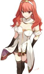 Rule 34 | black gloves, blunt bangs, breasts, celica (fire emblem), cleavage, cropped legs, crossed legs, detached collar, dress, earrings, elbow gloves, eyebrows hidden by hair, fire emblem, fire emblem echoes: shadows of valentia, from above, gloves, jewelry, looking to the side, misu kasumi, nintendo, red eyes, red hair, small breasts, smile, thighhighs, white background, white dress