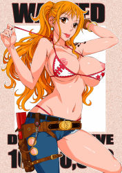 Rule 34 | 1girl, :p, arm behind head, asymmetrical clothes, bad id, bad pixiv id, bangle, bikini, bracelet, breasts, brown eyes, cameltoe, cutoffs, denim, earrings, hanzaki jirou, holster, jeans, jewelry, large breasts, log pose, long hair, nami (one piece), navel, nipples, one piece, orange hair, panties, pants, ponytail, solo, swimsuit, tattoo, thong, tongue, tongue out, underwear, undressing, wanted