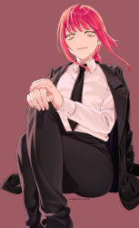 Rule 34 | 1girl, absurdres, black footwear, black jacket, black necktie, black pants, braid, breasts, brown background, brown eyes, buttoned cuffs, buttons, chainsaw man, collared shirt, commentary request, crossed legs, eyebrows hidden by hair, feet out of frame, hands on own knee, highres, jacket, jacket on shoulders, long hair, long sleeves, looking at viewer, makima (chainsaw man), makise minami, necktie, own hands together, pants, parted lips, red hair, ringed eyes, shirt, shoes, simple background, sitting, small breasts, smile, solo, white shirt