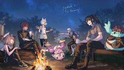 Rule 34 | 4boys, 4girls, animal ears, arm guards, boots, campfire, cat ears, coffee mug, colored skin, cup, dark-skinned male, dark skin, eunie (xenoblade), food, glasses, grey skin, head wings, highres, lanz (xenoblade), manana (xenoblade), mio (xenoblade), mug, multiple boys, multiple girls, night, noah (xenoblade), pantyhose, plate, riku (xenoblade), sena (xenoblade), shadowboxing, shirt, shoes, sleeveless, smile, sneakers, star (sky), taion (xenoblade), tank top, tight clothes, tight shirt, unitard, wings, xenoblade chronicles (series), xenoblade chronicles 3, yumiyoiyoi