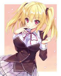Rule 34 | 10s, 1girl, blonde hair, blush, breasts, finger to mouth, kibasuke, large breasts, long hair, looking at viewer, nora to oujo to noraneko heart, patricia of end, petals, purple eyes, ribbon, school uniform, skirt, smile, solo, twintails, wind