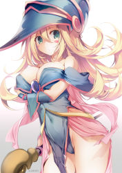 Rule 34 | 1girl, absurdres, blonde hair, blush stickers, breasts, cleavage, covered navel, dark magician girl, duel monster, green eyes, hat, highres, karory, large breasts, long hair, looking at viewer, pentacle, solo, staff, wand, wizard hat, yu-gi-oh!, yuu-gi-ou, yu-gi-oh! duel monsters