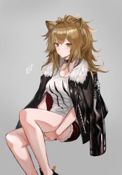 Rule 34 | 1girl, absurdres, animal ears, arknights, artist name, bad id, bad pixiv id, bare legs, black choker, black jacket, breasts, brown eyes, brown hair, choker, cleavage, commentary, feet out of frame, fur-trimmed jacket, fur trim, grey background, highres, jacket, jacket on shoulders, kit, lion ears, long hair, long sleeves, looking at viewer, medium breasts, shirt, short shorts, shorts, siege (arknights), simple background, sitting, solo, t-shirt, thighs, white shirt