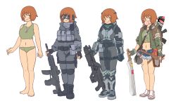 Rule 34 | 1girl, :&gt;, assault rifle, barefoot, brown eyes, brown hair, blowing bubbles, chewing gum, cutoffs, dog tags, fingerless gloves, gloves, goggles, goggles on eyes, gun, jacket, last origin, midriff, military, military uniform, navel, panties, pig4, pig4, rifle, short hair, short shorts, shorts, simple background, solo, brownie (last origin), tank top, tomboy, underwear, uniform, weapon, white background