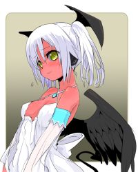 Rule 34 | 1girl, bare shoulders, black wings, blush, breasts, colored skin, criss-cross halter, demon girl, demon tail, detached sleeves, dress, halterneck, halterneck, head wings, looking at viewer, phantasy star, phantasy star online 2, red skin, shirow (crazy), solo, tail, twintails, upper body, white dress, white hair, wings, yellow eyes