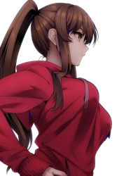 Rule 34 | breasts, brown hair, character request, from side, high ponytail, highres, hood, hoodie, large breasts, lone nape hair, long hair, puyo (puyotopia), red hoodie, sidelocks, simple background, upper body, white background, yellow eyes