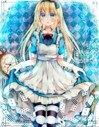 Rule 34 | 1girl, :o, abandon ranka, ace (playing card), ace of spades, alice (alice in wonderland), alice in wonderland, apron, blonde hair, blue eyes, blush, card, long hair, looking at viewer, playing card, socks, solo, spade (shape), striped clothes, striped socks, striped thighhighs, thighhighs