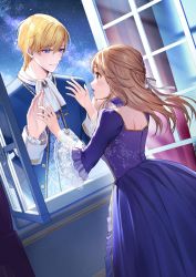 Rule 34 | 1boy, 1girl, blonde hair, blue eyes, brooch, closed mouth, copyright request, dress, hair ribbon, half updo, hands up, highres, jewelry, light brown hair, long hair, long sleeves, looking at another, momoshiki tsubaki, night, night sky, open mouth, ribbon, short hair, sky, star (sky), starry sky, white ribbon, window, yellow eyes
