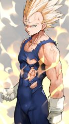Rule 34 | 1boy, abs, absurdres, blonde hair, bodysuit, clenched hands, covered abs, dragon ball, dragonball z, energy, facial mark, forehead mark, gloves, green eyes, grin, highres, looking at viewer, majin vegeta, male focus, muscular, muscular male, pectoral cleavage, pectorals, sidepec, smile, solo, spiked hair, super saiyan, super saiyan 2, teeth, torn clothes, vegeta, veins, white gloves, yoshio (55level)