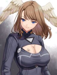 Rule 34 | 1girl, artist name, black bodysuit, blue eyes, bodysuit, breast tattoo, breasts, brown hair, cleavage cutout, closed mouth, clothing cutout, commentary, dated, eunie (xenoblade), feathered wings, head wings, highres, large breasts, long hair, long sleeves, looking at viewer, smile, solo, swept bangs, tattoo, white wings, wings, xenoblade chronicles (series), xenoblade chronicles 3, yamamori kinako