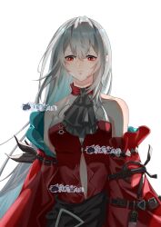 Rule 34 | 1girl, absurdres, arknights, bare shoulders, breasts, cain1847031762, center opening, closed mouth, detached sleeves, dress, grey hair, hair between eyes, highres, long hair, medium breasts, red dress, red eyes, red sleeves, simple background, skadi (arknights), skadi the corrupting heart (arknights), sleeveless, sleeveless dress, solo, upper body, v-shaped eyebrows, very long hair, watermark, white background