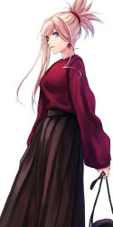 Rule 34 | 1girl, applekun, asymmetrical hair, black skirt, blue eyes, closed mouth, earrings, fate/grand order, fate (series), from side, highres, holding, jewelry, light smile, long hair, long skirt, long sleeves, miyamoto musashi (fate), pleated skirt, red sweater, silver hair, simple background, skirt, sleeves past wrists, solo, standing, sweater, swept bangs, white background