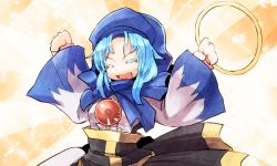 Rule 34 | 1girl, blue hair, breasts, citolo, closed eyes, fang, female focus, hood, jewelry, kesa, kumoi ichirin, open mouth, ring, sash, short hair, smile, solo, touhou