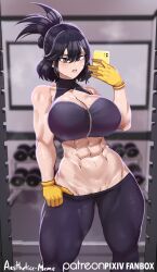 Rule 34 | 1girl, abs, aestheticc-meme, black hair, blush, boku no hero academia, breasts, cellphone, cleavage, cleft of venus, cowboy shot, flashing, gloves, grey eyes, gym, highres, holding, holding phone, large breasts, leggings, looking at viewer, mole, mole on breast, mole under eye, muscular, muscular female, phone, pussy, pussy peek, selfie, shimura nana, smartphone, solo, standing, sweat, weights, yellow gloves, zipper