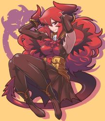 Rule 34 | 1girl, armpits, big hair, black pantyhose, boots, bracelet, breasts, demon girl, demon horns, elbow gloves, gloves, hands in hair, horns, jewelry, large breasts, long hair, maou beluzel, matsuda yuusuke, pantyhose, red eyes, red hair, skirt, smile, solo, yuusha to maou