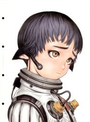 Rule 34 | 1girl, animal ears, black hair, cable, closed mouth, earbuds, earphones, eyebrows, eyelashes, futurhythm, headset, highres, light frown, looking away, microphone, murata range, orange eyes, scan, short hair, simple background, solo, turtleneck, upper body, white background