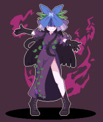 Rule 34 | 1girl, black footwear, black gloves, black hair, blush, boots, dress, elbow gloves, fire, flower, flower on head, food, fruit, full body, gloves, grapes, highres, kaaaarin, leaf, long hair, looking at viewer, orchid, pixel art, plant, puffy short sleeves, puffy sleeves, purple background, purple dress, purple eyes, purple fire, short sleeves, smile, solo, standing, touhou, unfinished dream of all living ghost, vines, yomotsu hisami