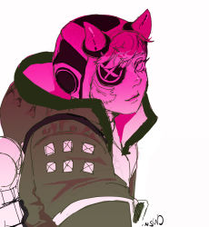 Rule 34 | 1girl, animification, apex legends, backpack, bag, chizu (kurukuro), cyber punked wattson, eyepatch, from side, helmet, hood, hooded jacket, horns, jacket, looking at viewer, official alternate costume, one eye covered, sketch, solo, spot color, upper body, wattson (apex legends), white background