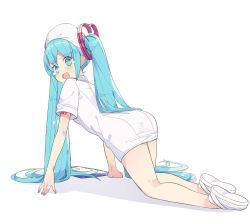 Rule 34 | 1girl, @ @, aqua eyes, aqua hair, aqua nails, bare legs, blush, commentary, dress, english commentary, full body, hair behind ear, hair ornament, hands on ground, hat, hatsune miku, heart, heart hair ornament, highres, long hair, looking to the side, number tattoo, nurse, nurse cap, open mouth, pa. (tatuya28001), short sleeves, shoulder tattoo, sidelocks, solo, sweatdrop, tattoo, tears, twintails, very long hair, vocaloid, white background, white dress, white footwear, white hat