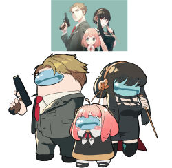 Rule 34 | absurdres, among us, anya (spy x family), black hair, blonde hair, cokeanut10, crewmate (among us), crossover, dagger, eden academy school uniform, family, formal, grey suit, gun, headband, highres, holding, holding dagger, holding gun, holding knife, holding weapon, knife, necktie, no humans, pink hair, red necktie, school uniform, spy x family, suit, twilight (spy x family), weapon, yor briar